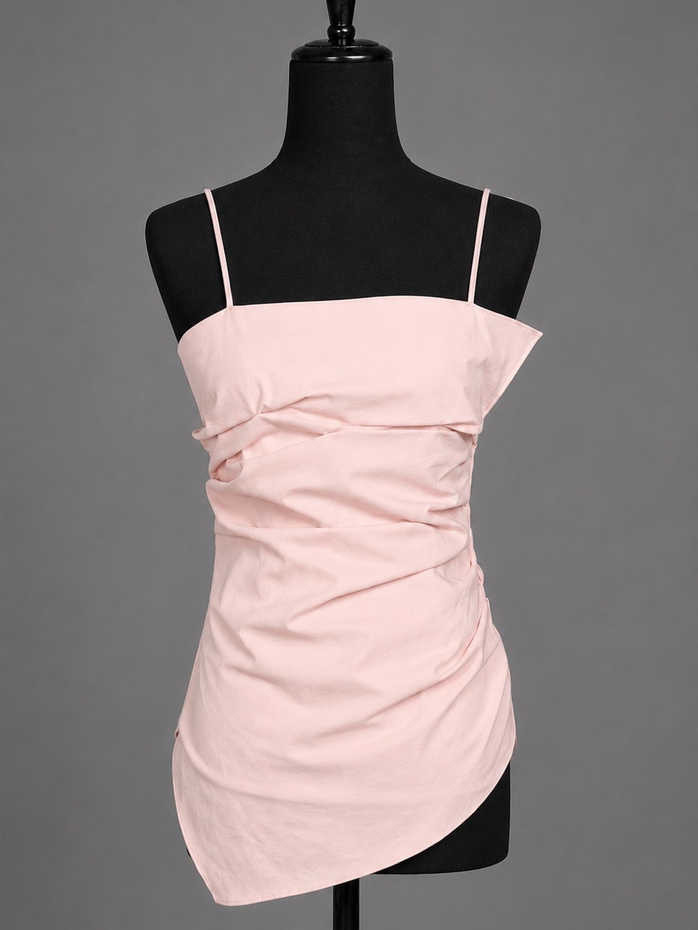 Women’s light pink asymmetrical top- rushed draping, spaghetti straps.M